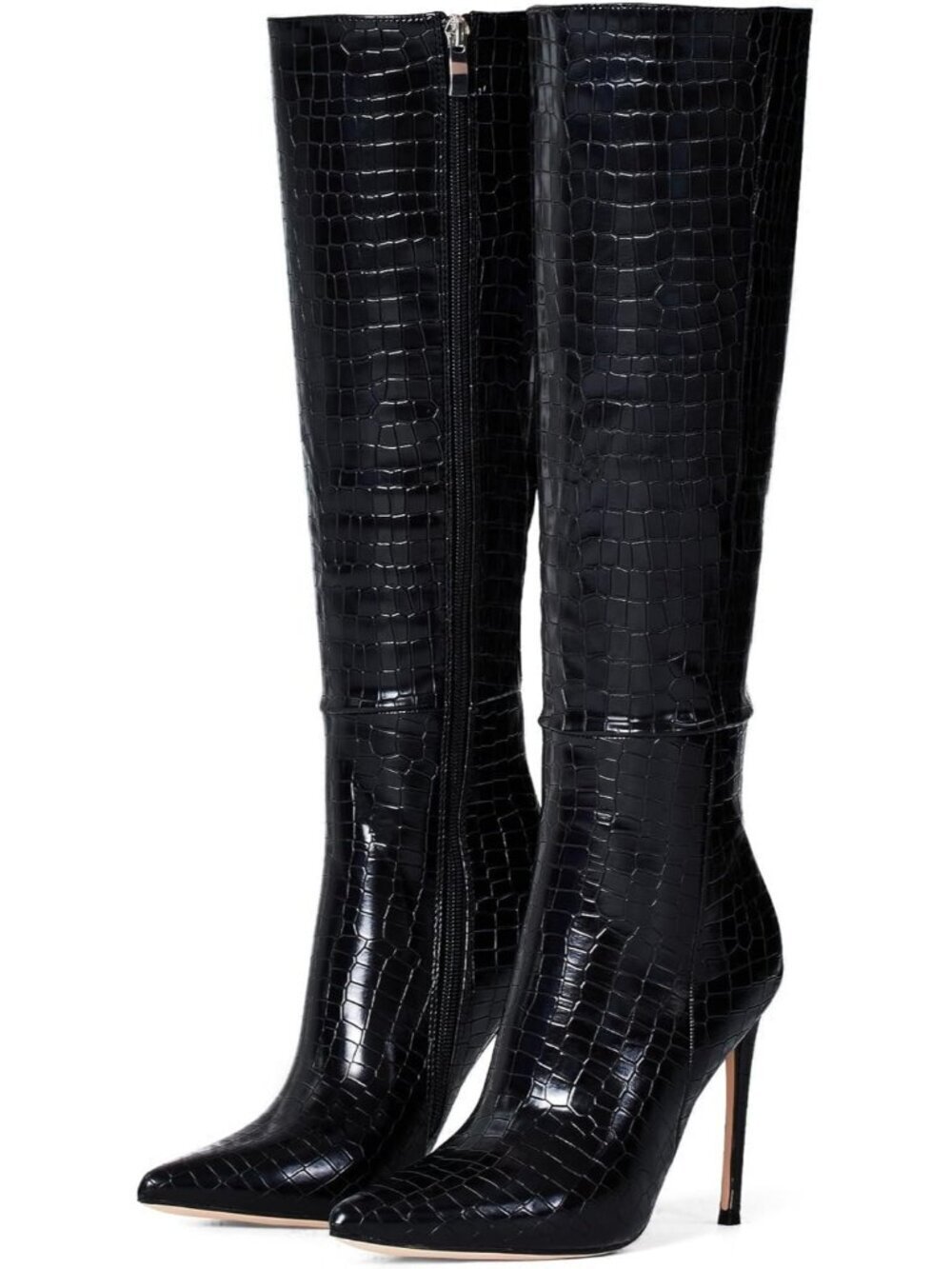 Women's 4 inch Knee High Long Boots Stiletto Pointed Toe Heeled Boot Black Grain - Picture 1 of 4